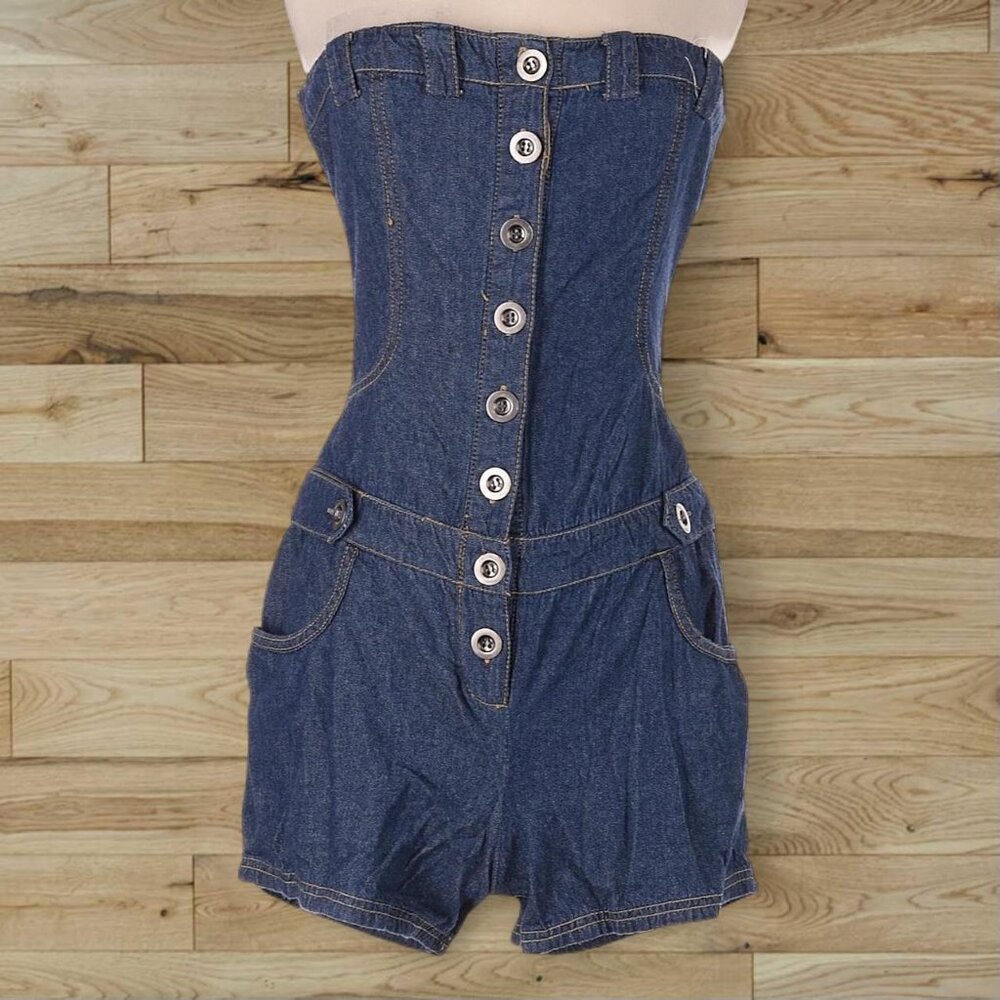 Vintage Y2K 2000s Derek Heart Navy blue denim drop waist button romper playsuit